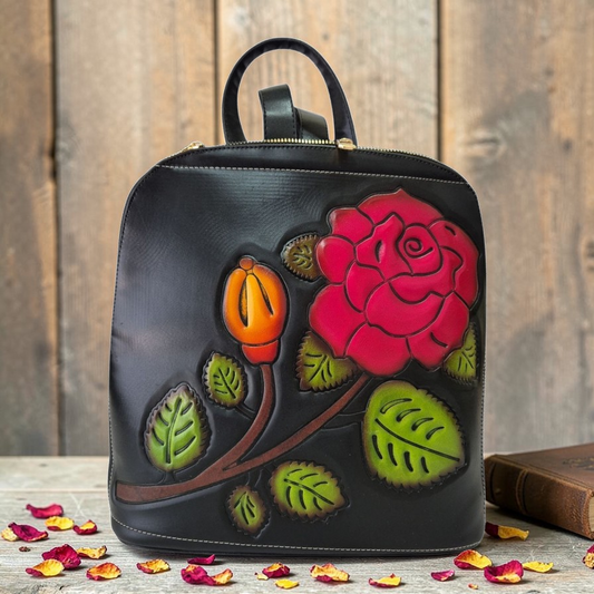 Mochila Artesanal Negra con Rosa Roja en Relieve