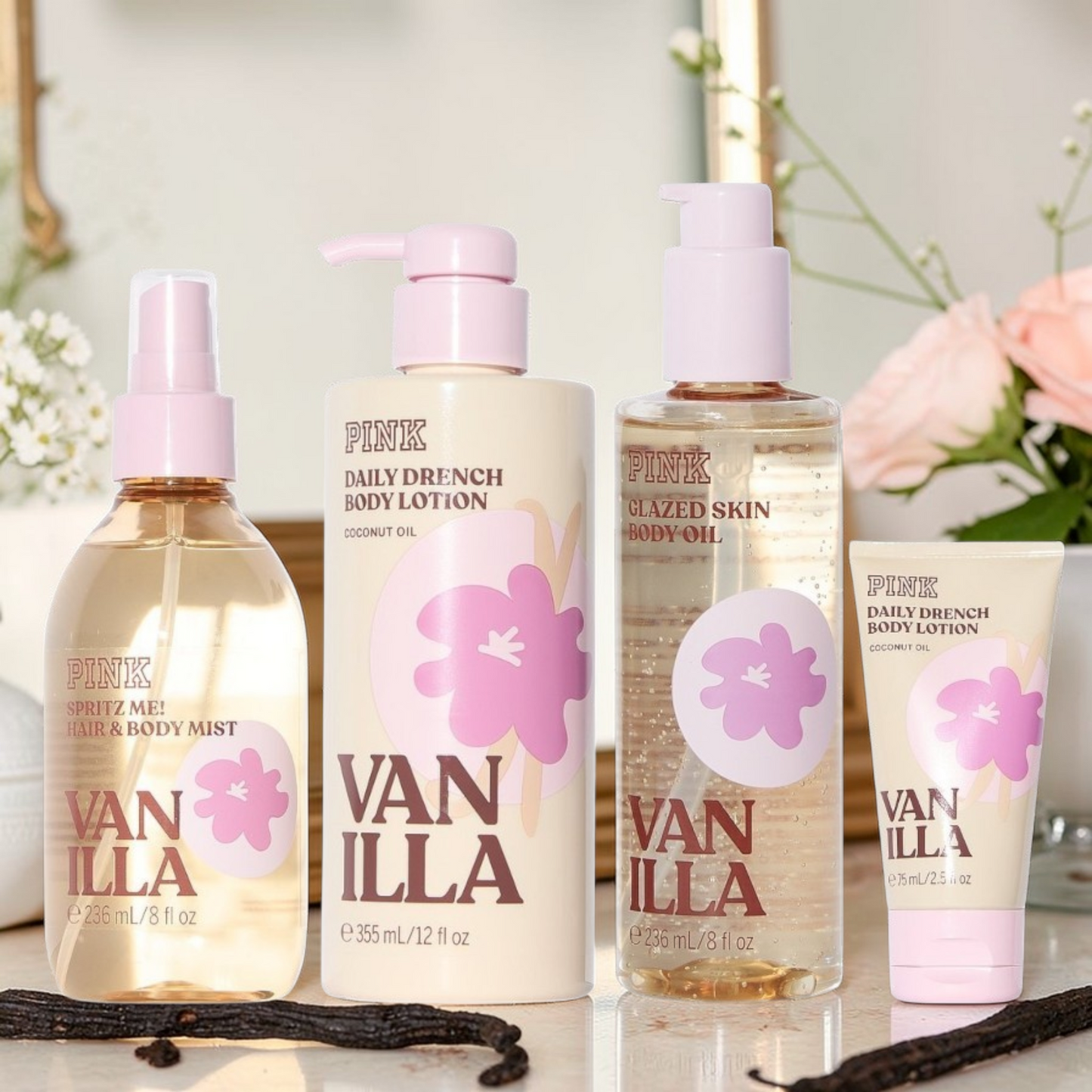 Victoria's Secret PINK Vanilla 4-Piece Set – Hair & Body Mist, Body Lotion, Body Oil & Mini Cream