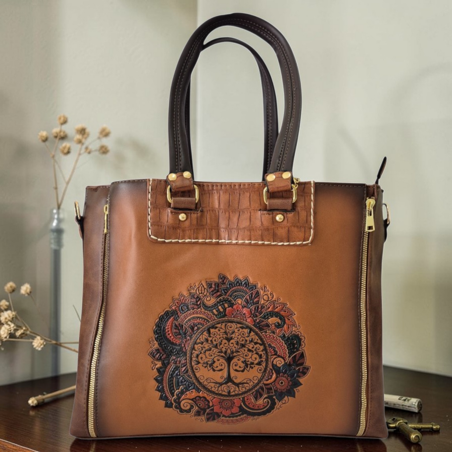 Bolsa Artesanal Árbol de la Vida Cuero Vegano