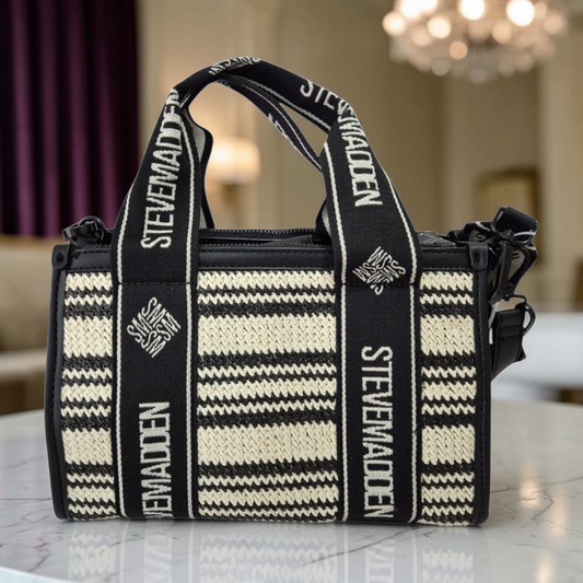 Bolsa Crossbody Steve Madden Tejida Rayada Negro con Beige