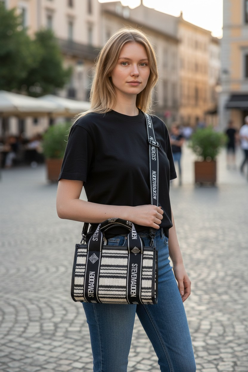 Bolsa Crossbody Steve Madden Tejida Rayada Negro con Beige