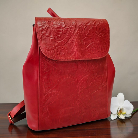 Mochila de Piel Roja con Diseño Floral + Billetera de Regalo