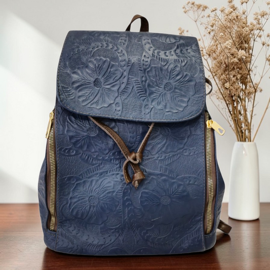 Mochila de Piel Azul Grabada Floral Artesanal