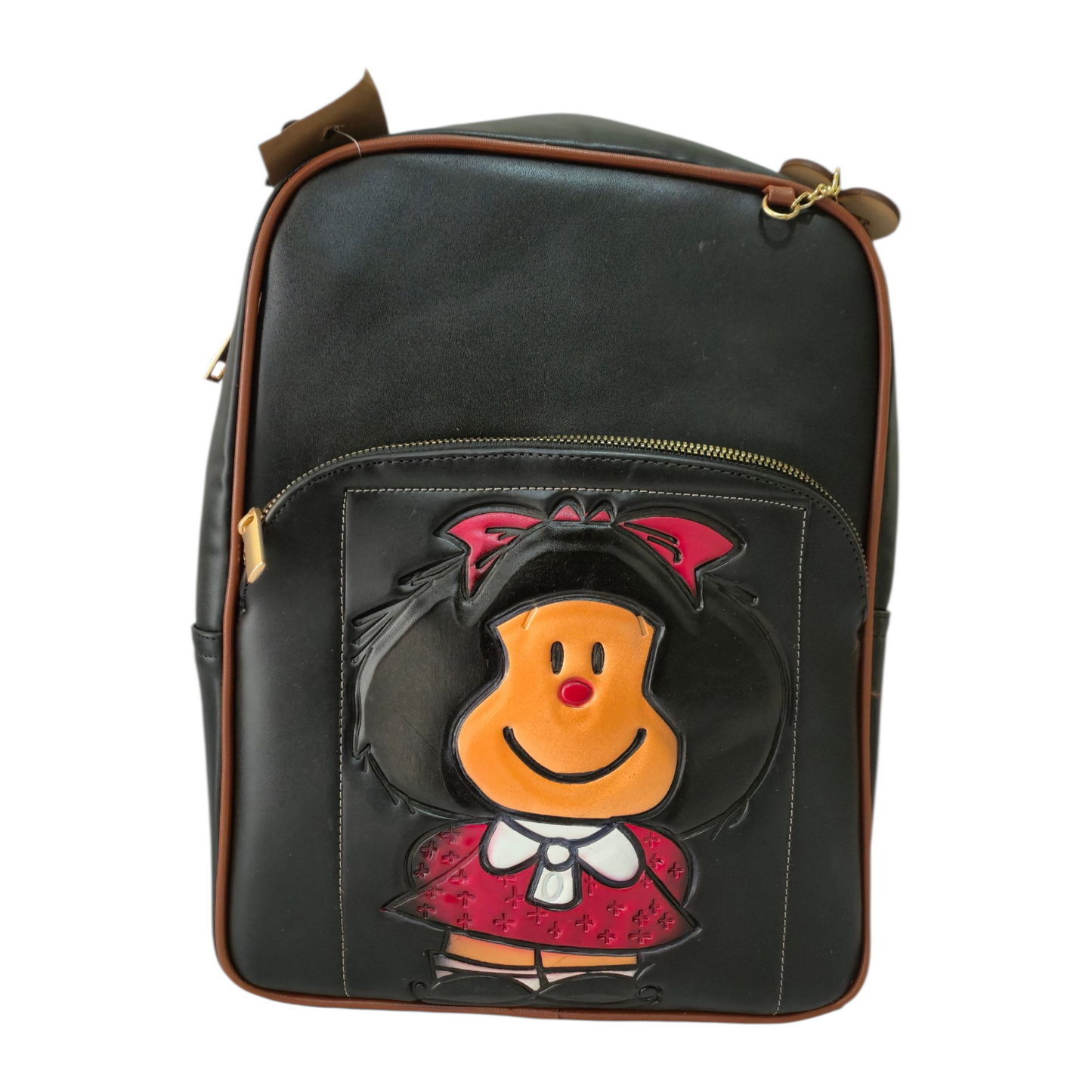 Mochila Mafalda Negra con Diseño Grabado y Bolsillo Frontal