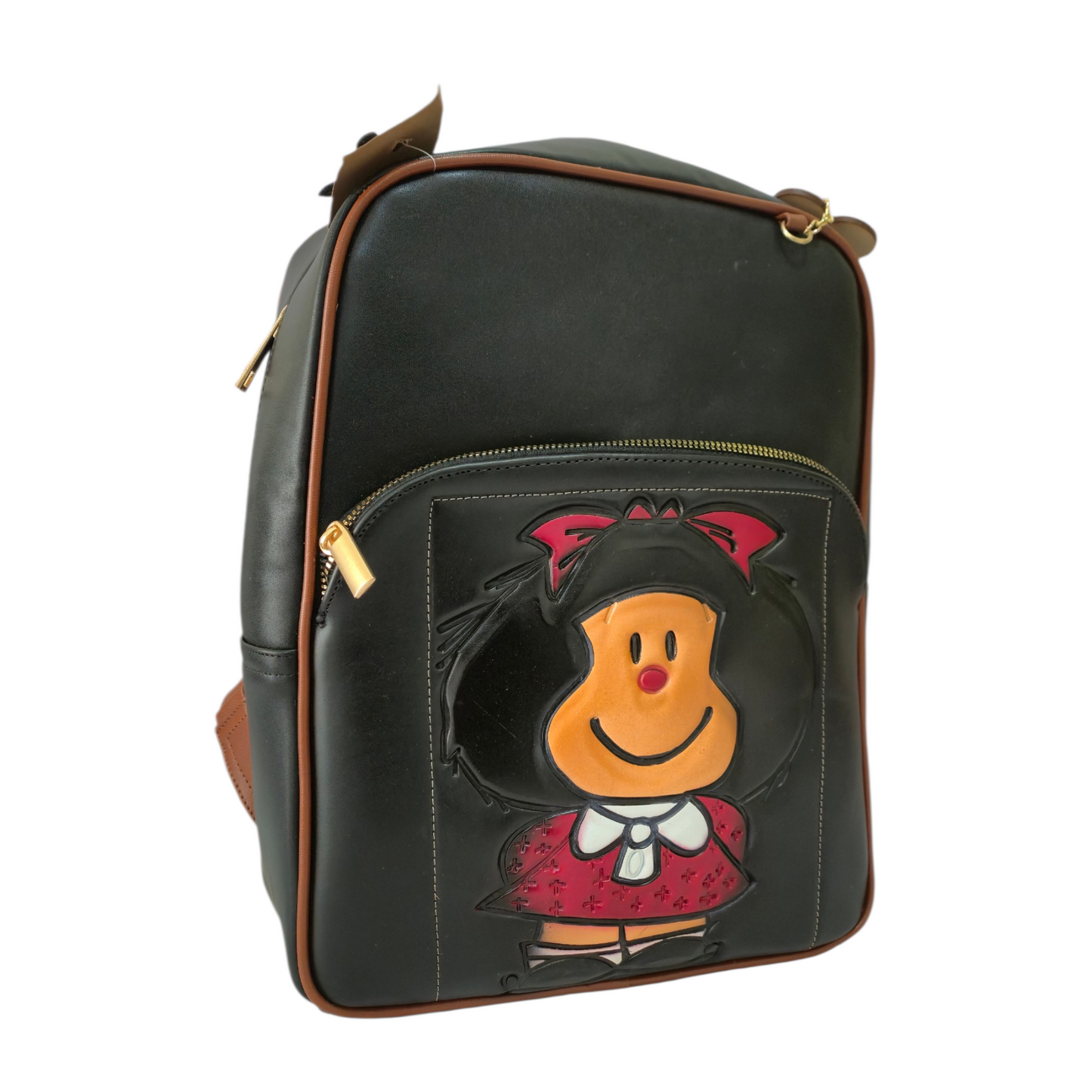 Mochila Mafalda Negra con Diseño Grabado y Bolsillo Frontal