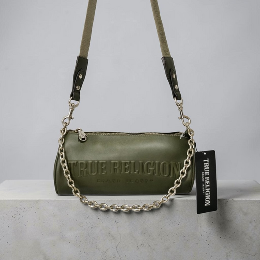 Bolsa True Religion verde olivo con cadena metálica