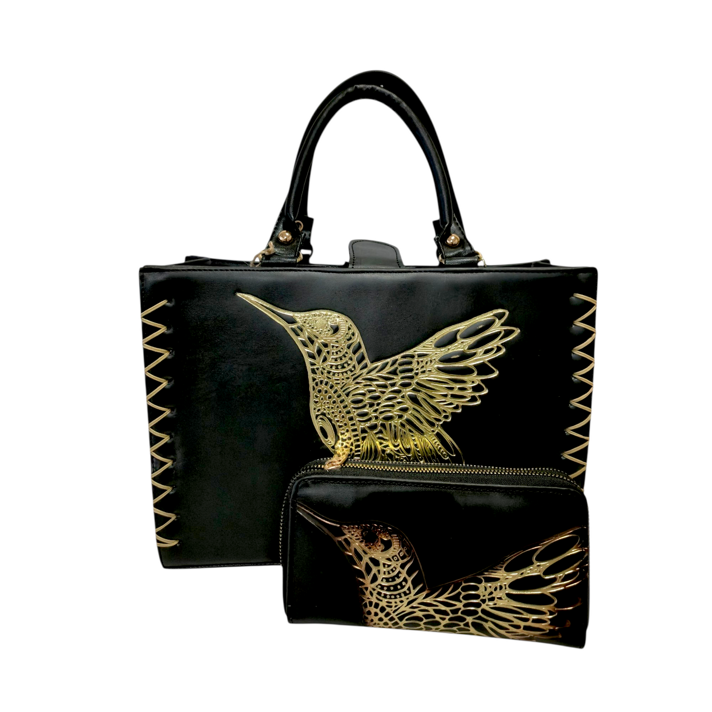 Bolsa artesanal negra con colibrí dorado en relieve y cartera a juego