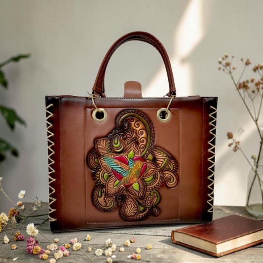 Bolsa Tote Mujer Café Artesanal Con Diseño en Relieve Colibrí Incluye Bolsa Interior