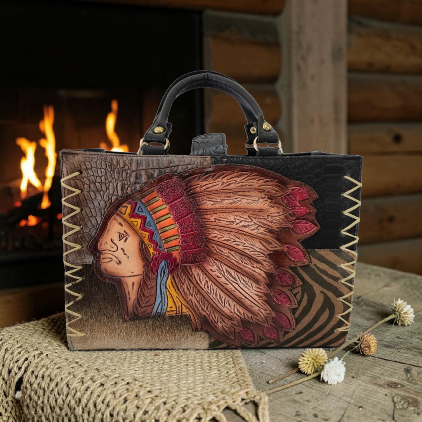Bolsa western artesanal con diseño tribal en relieve y cosmetiquera incluida