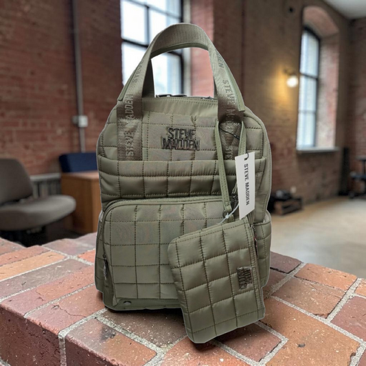 Mochila Steve Madden Tote Backpack Acolchada Verde Olivo con Monedero