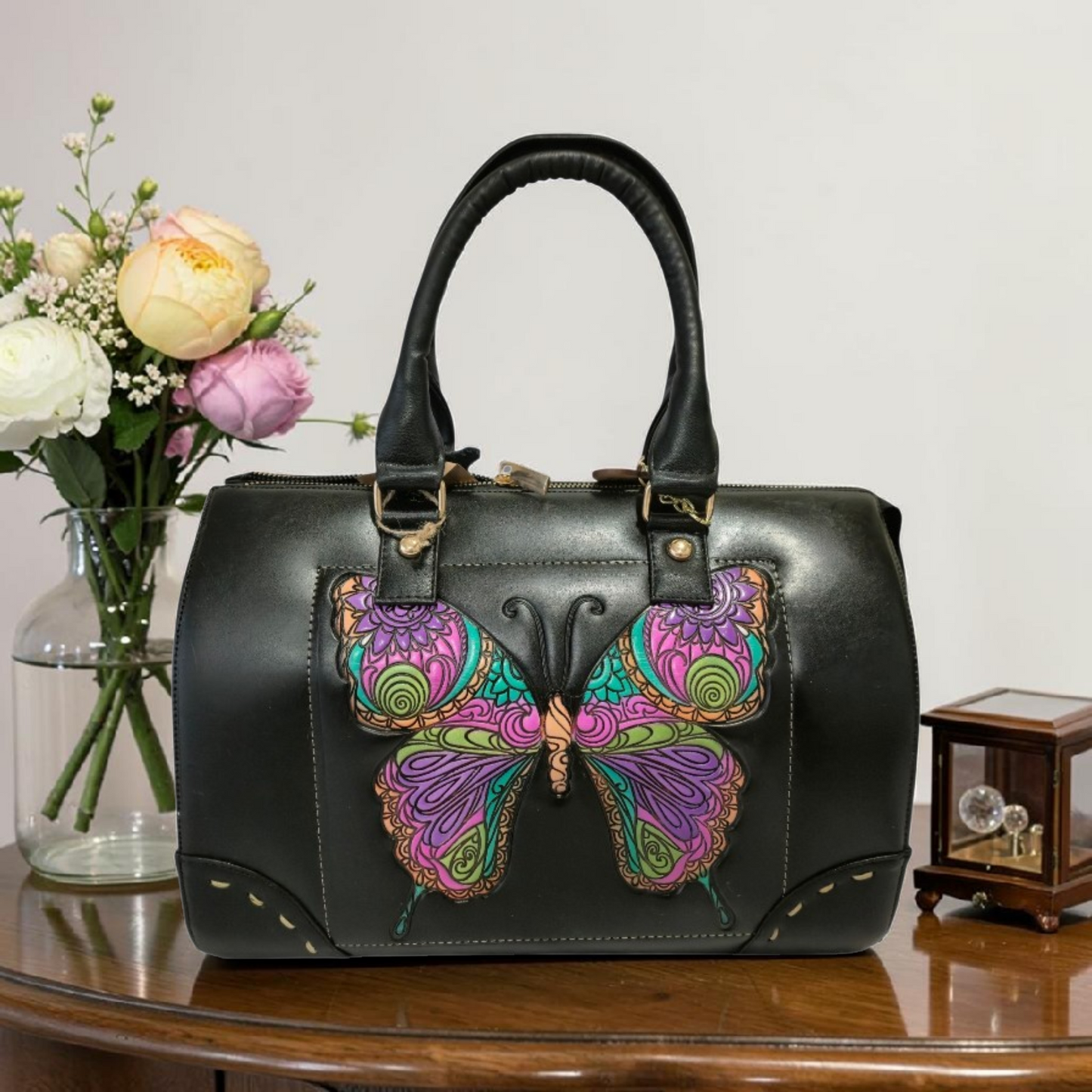 Bolsa Negra Pintada a Mano Mariposa Artesanal Mujer