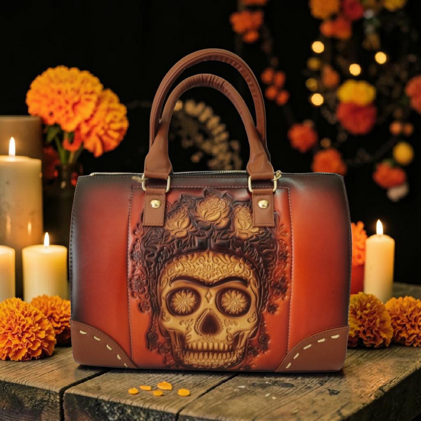 Bolsa Artesanal Grabada Catrina Floral Diseño Mexicano