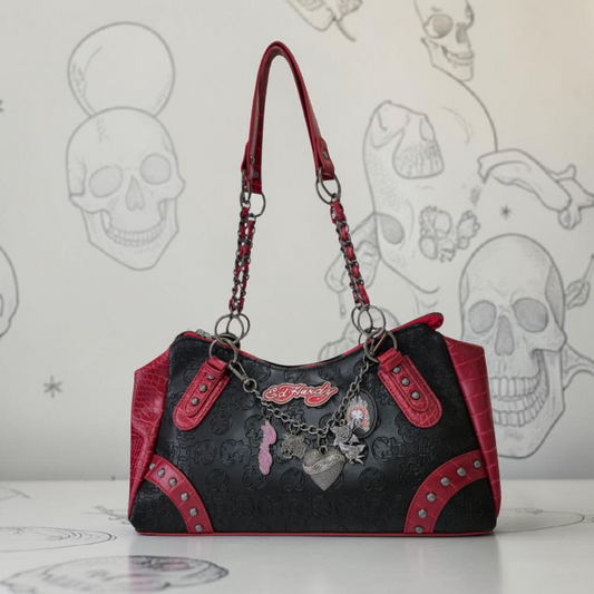 Bolsa Shoulder Bag Ed Hardy Negra y Roja para Mujer con Cartera y Diseño Skull