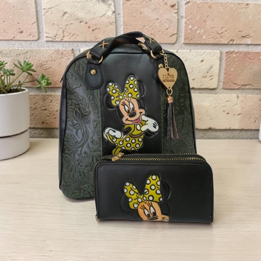 Bolsa Mochila Minnie Mouse Verde y Negro con Cartera para Mujer | Diseño Grabado Artesanal