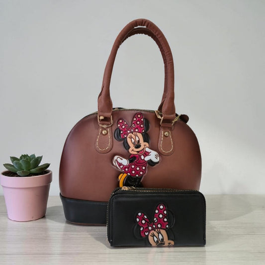Set Bolsa y Cartera Artesanal Marrón con Diseño Animado para Mujer