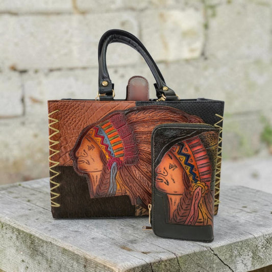 Set Bolsa Artesanal con Billetera Diseño Guerrero Tribal