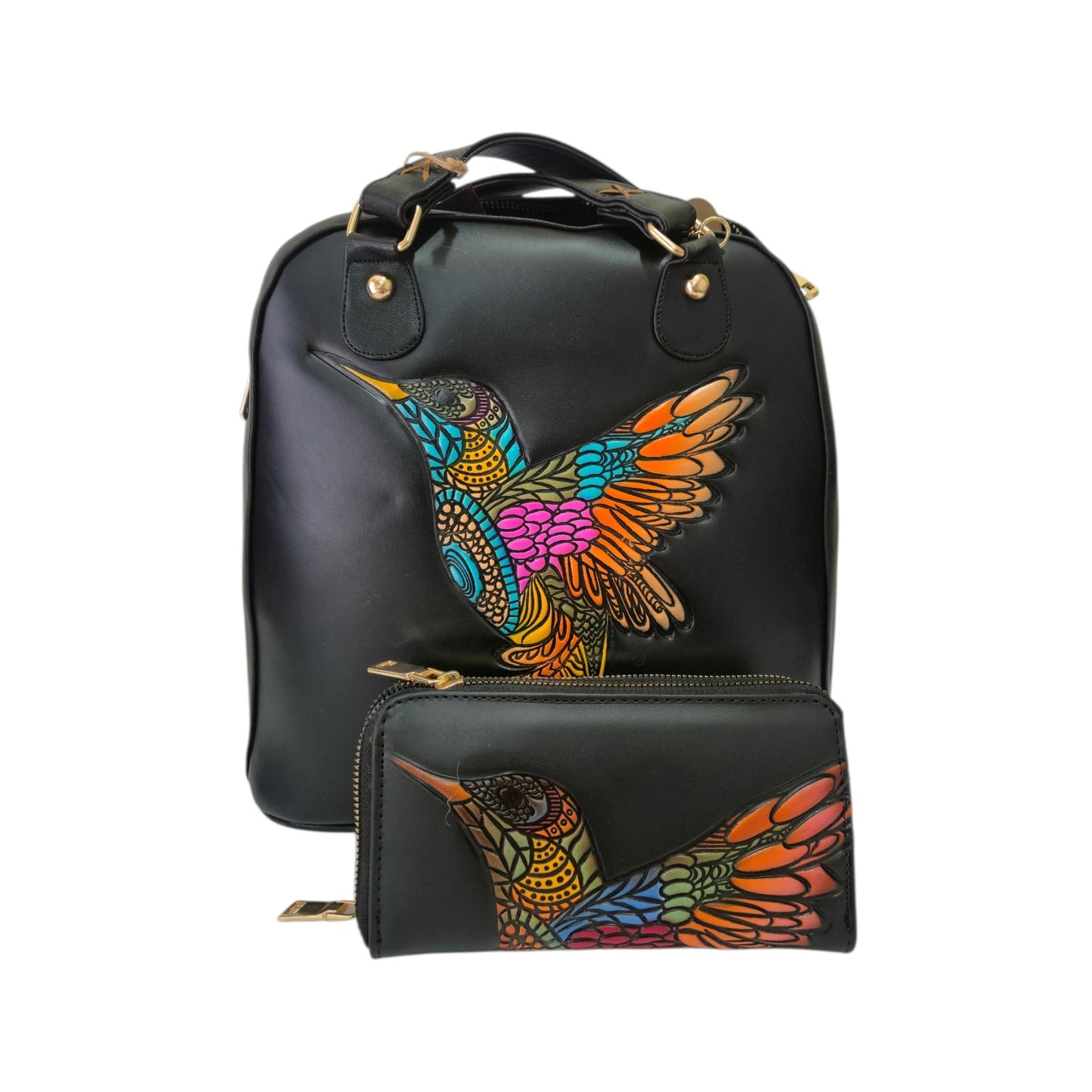 Set Bolsa Mochila Artesanal con Cartera, Diseño Colibrí Multicolor para Mujer