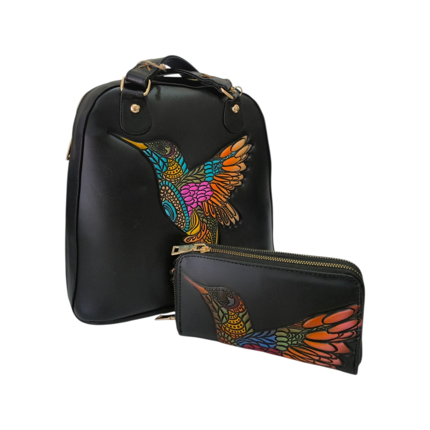 Set Bolsa Mochila Artesanal con Cartera, Diseño Colibrí Multicolor para Mujer