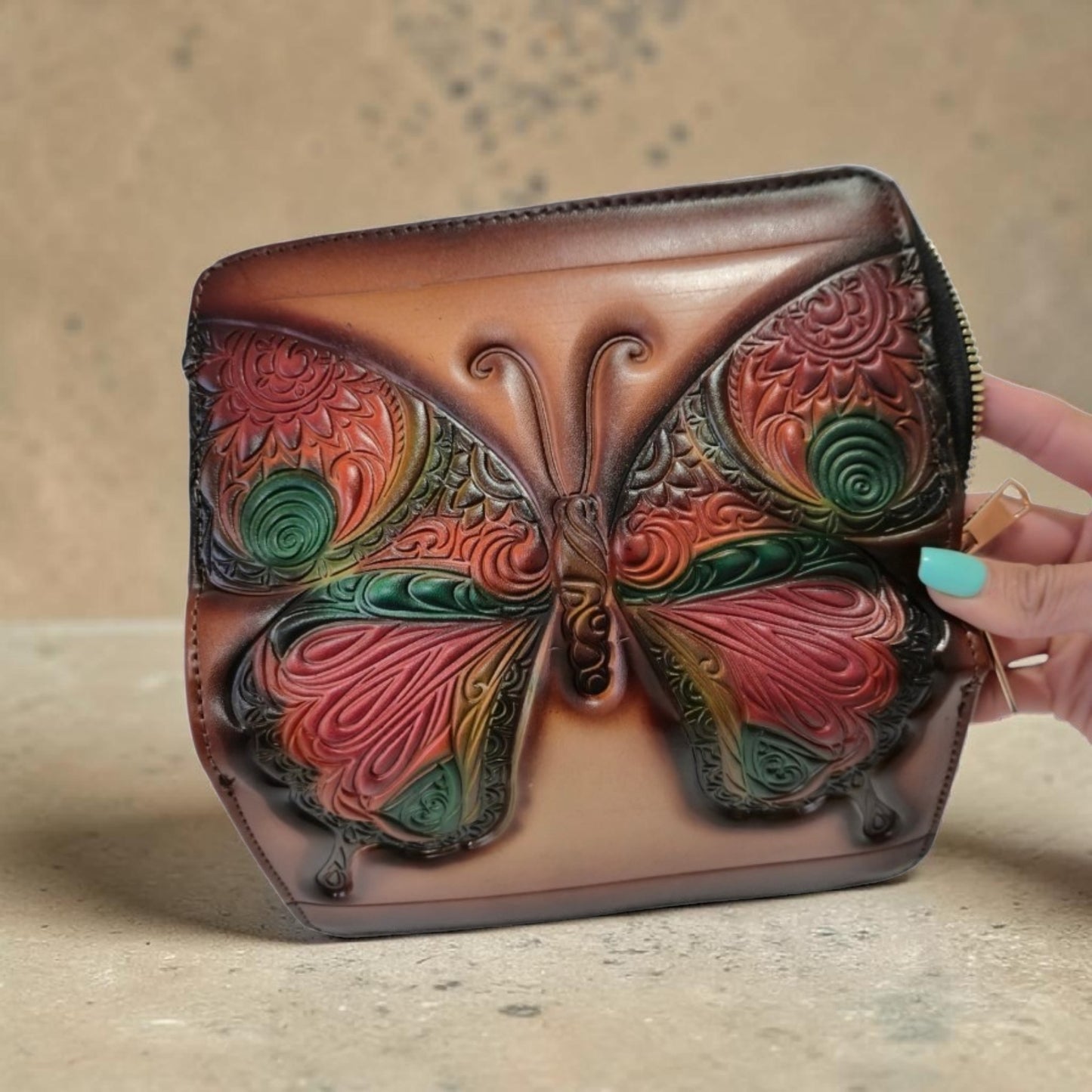 Handmade Brown Leather Wallet with Hummingbird Design