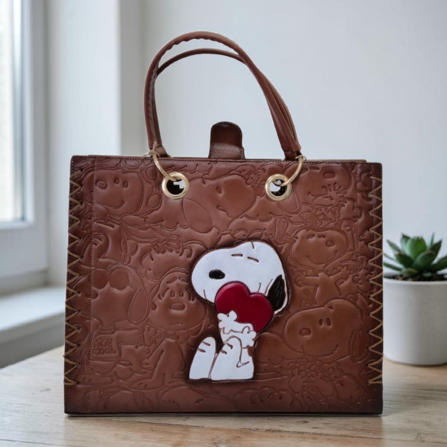 Handmade leather bag with cute character and red heart engraving – Handmade leather tote bag