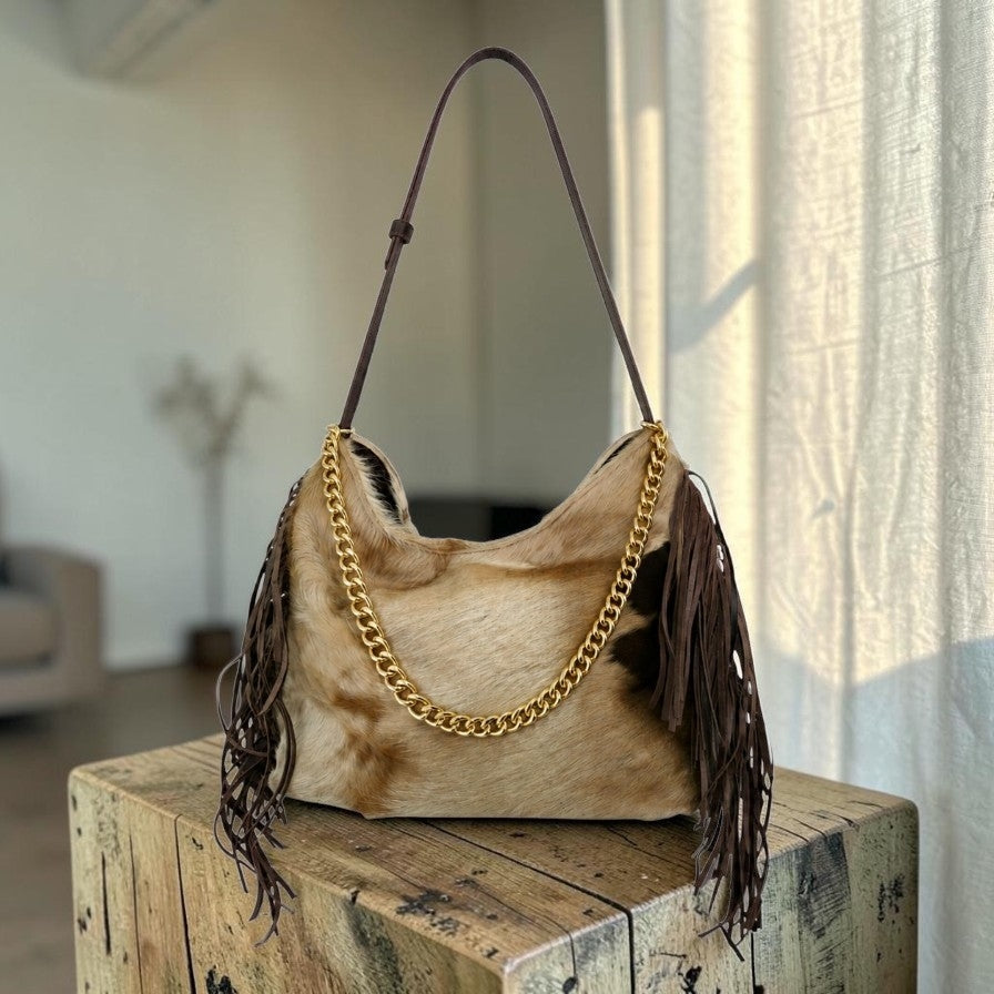 Handmade yellow backpack with natural fur and suede fringe