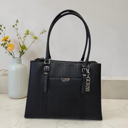 Bolsa Tote Guess Negra Monograma con Cierre y Compartimentos