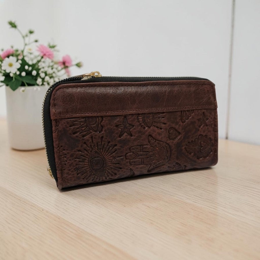 Handmade double-closure wallet with Aztec calendar design