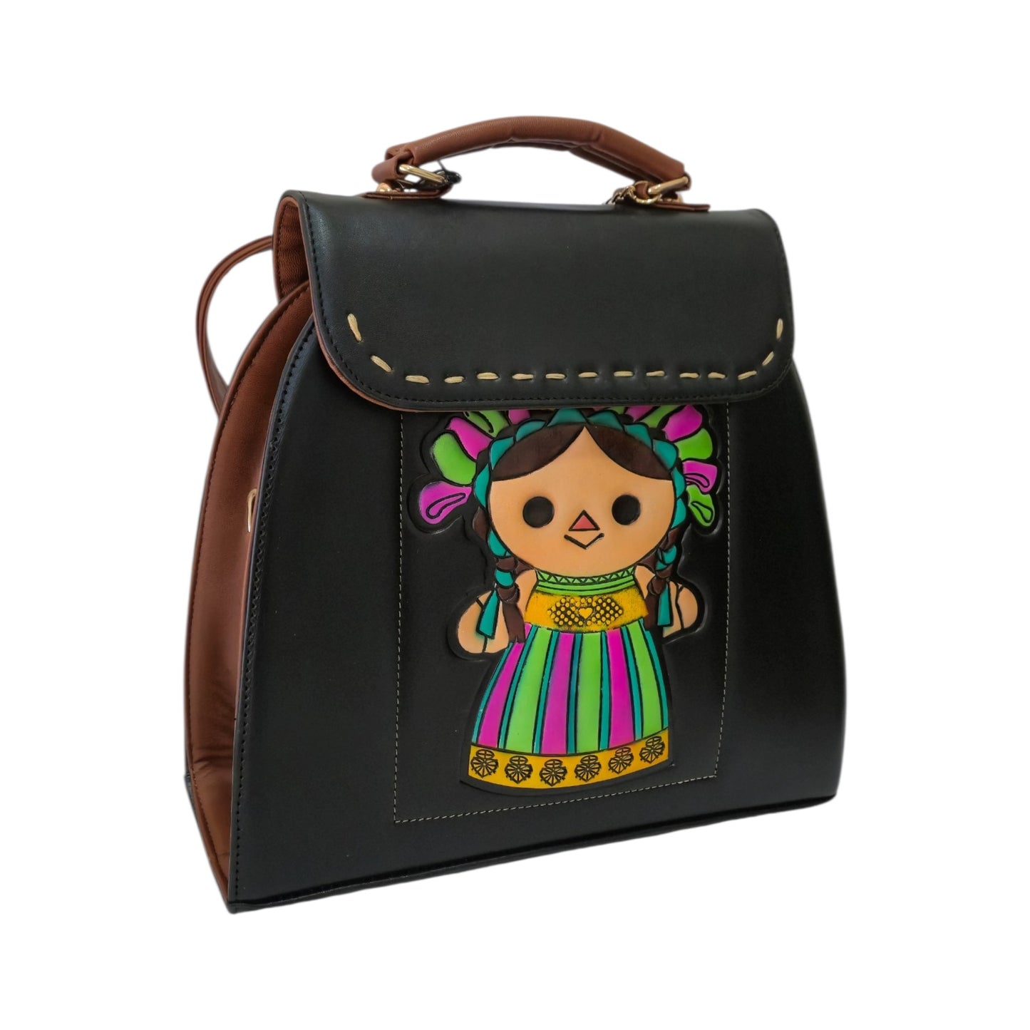 Bolsa Mochila Artesanal para Mujer con Cartera | Diseño de Muñeca Mexicana | Set de 2 Piezas