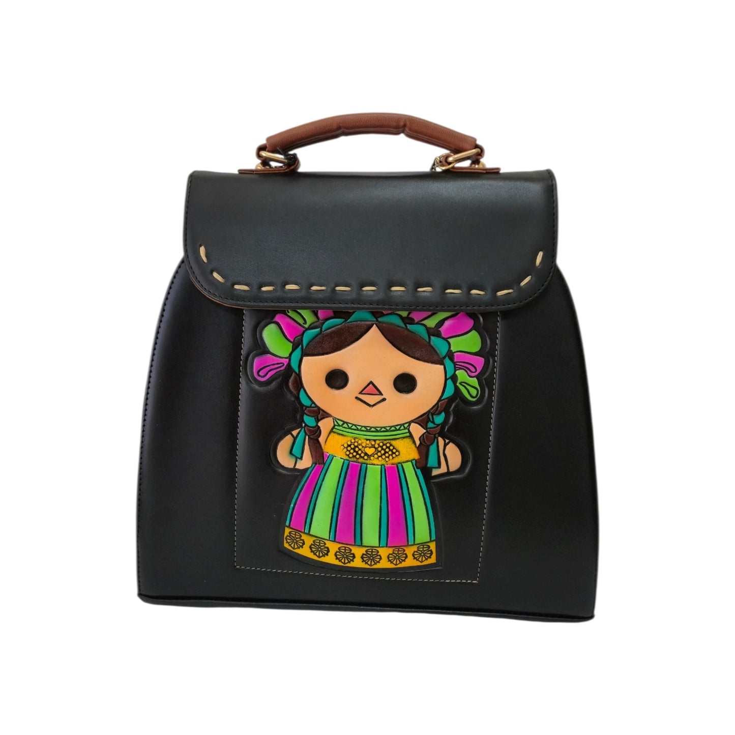 Bolsa Mochila Artesanal para Mujer con Cartera | Diseño de Muñeca Mexicana | Set de 2 Piezas