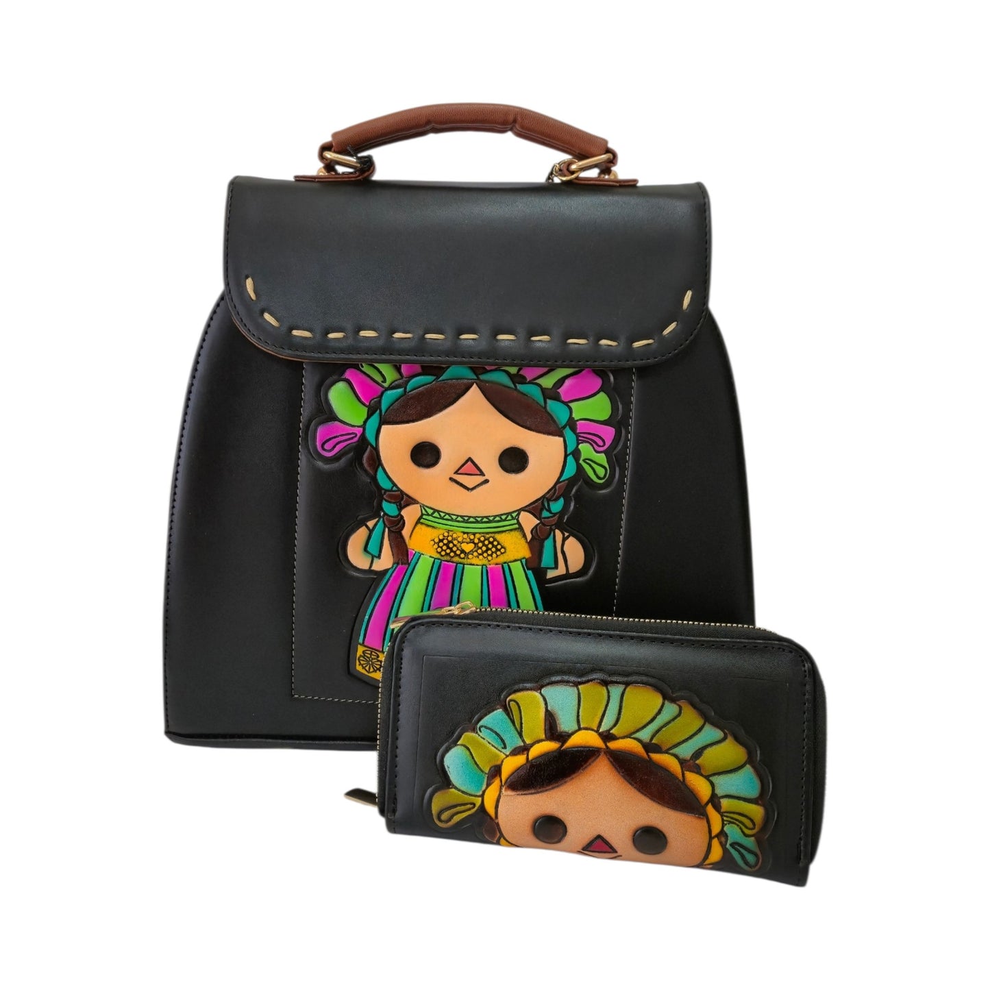 Bolsa Mochila Artesanal para Mujer con Cartera | Diseño de Muñeca Mexicana | Set de 2 Piezas
