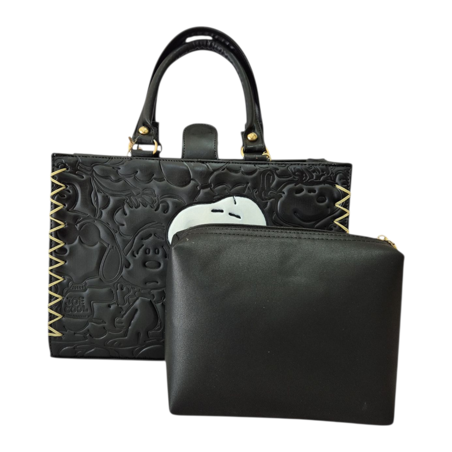 Bolsa negra artesanal de mano con diseño animado en relieve