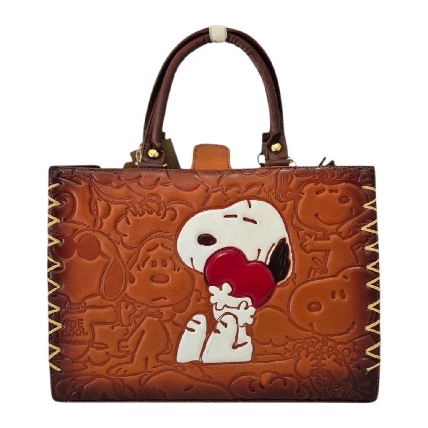 Handmade embossed leather bag with cartoon design and short handle