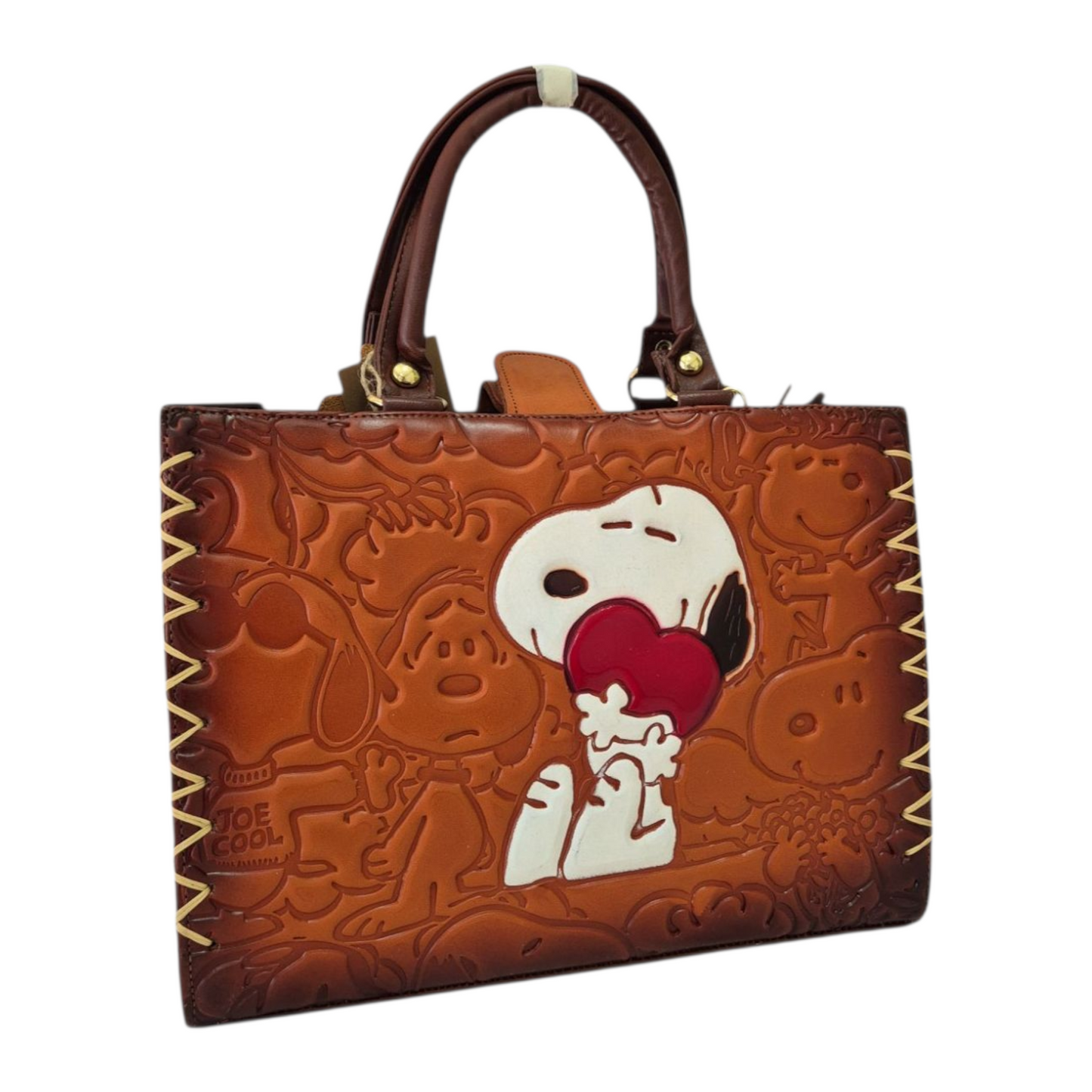 Handmade embossed leather bag with cartoon design and short handle