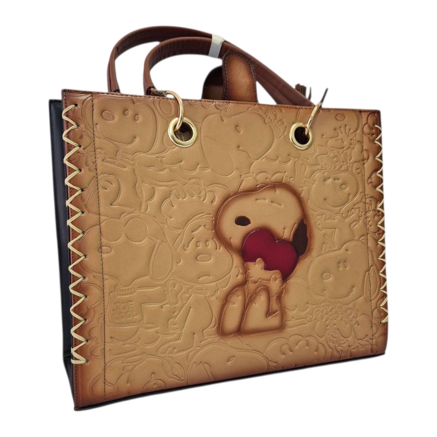 Bolsa artesanal de piel con grabado de personaje tierno y corazón rojo – Tote bag de cuero hecha a mano