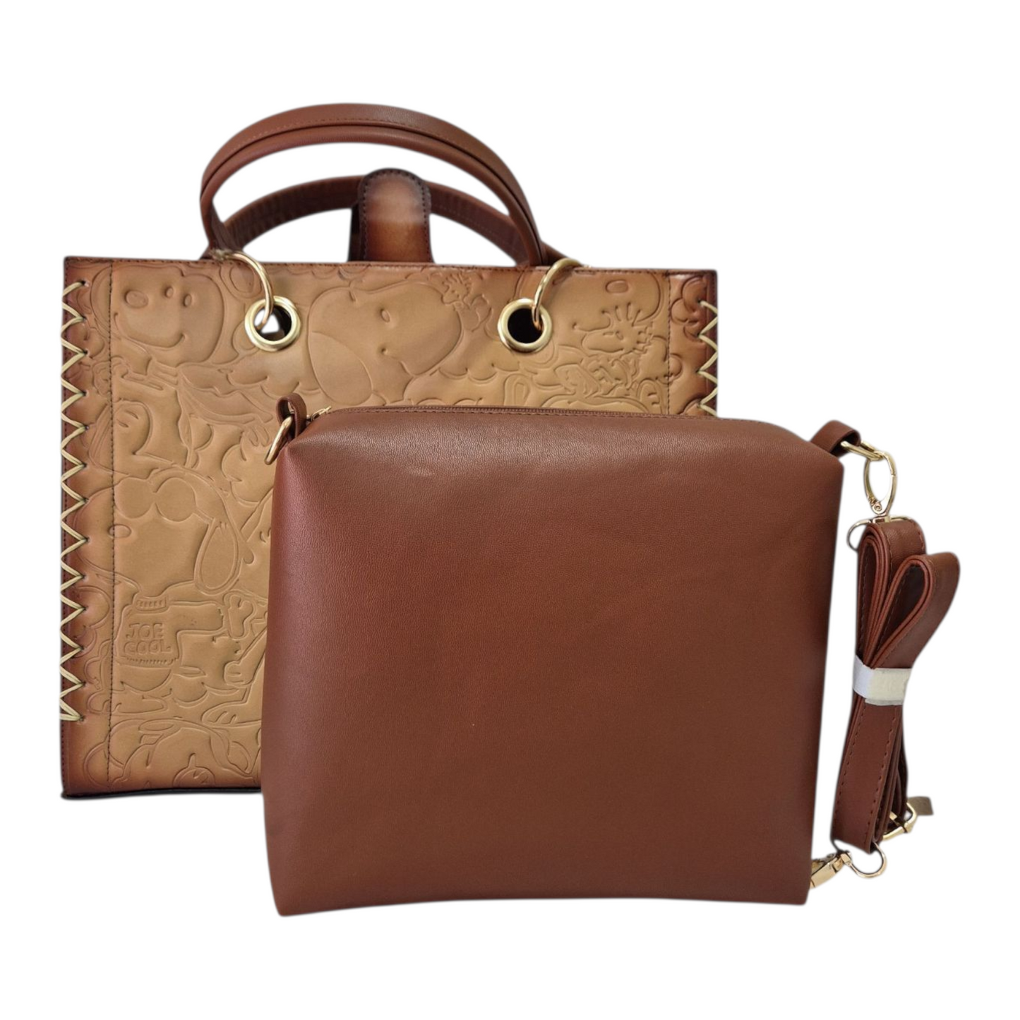 Bolsa artesanal de piel con grabado de personaje tierno y corazón rojo – Tote bag de cuero hecha a mano