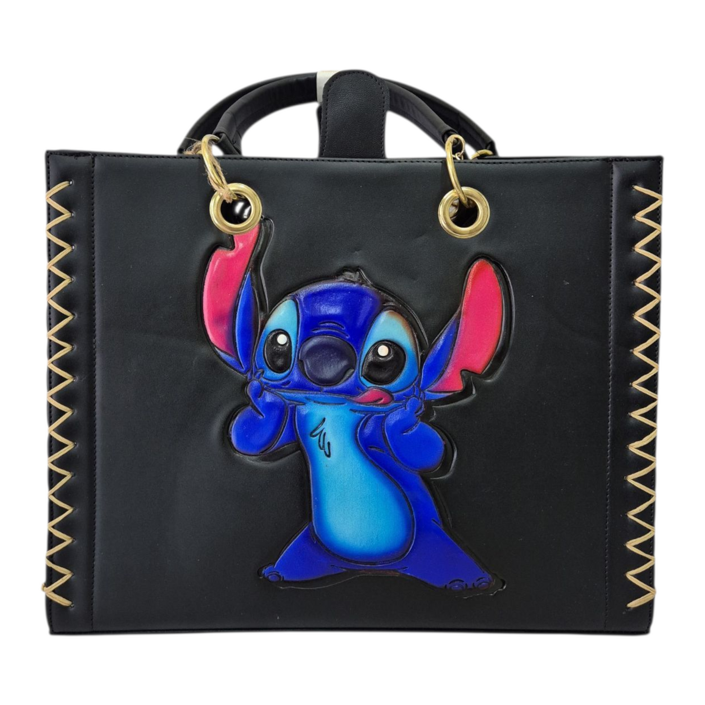 Bolsa artesanal negra con diseño colorido grabado a mano