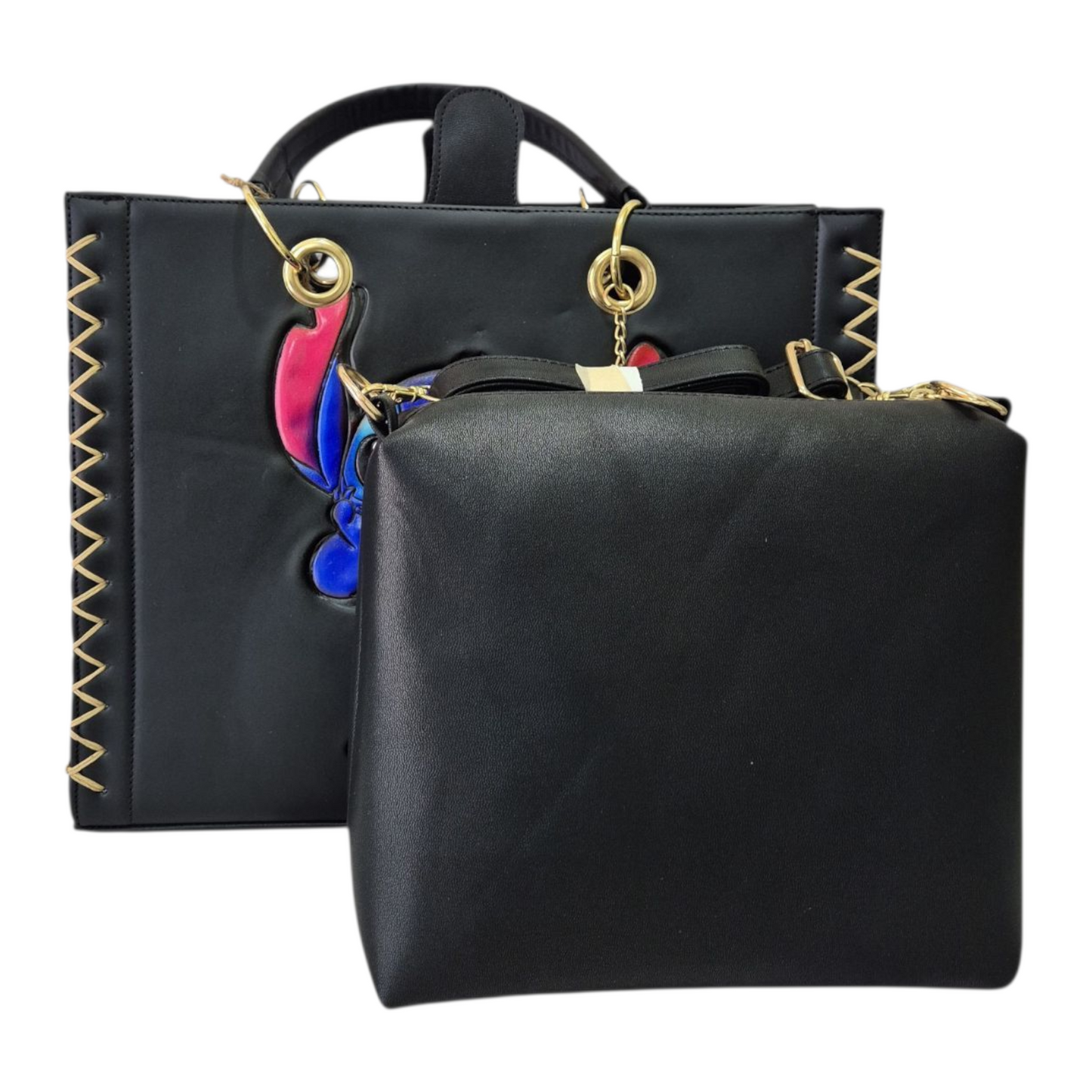 Bolsa artesanal negra con diseño colorido grabado a mano