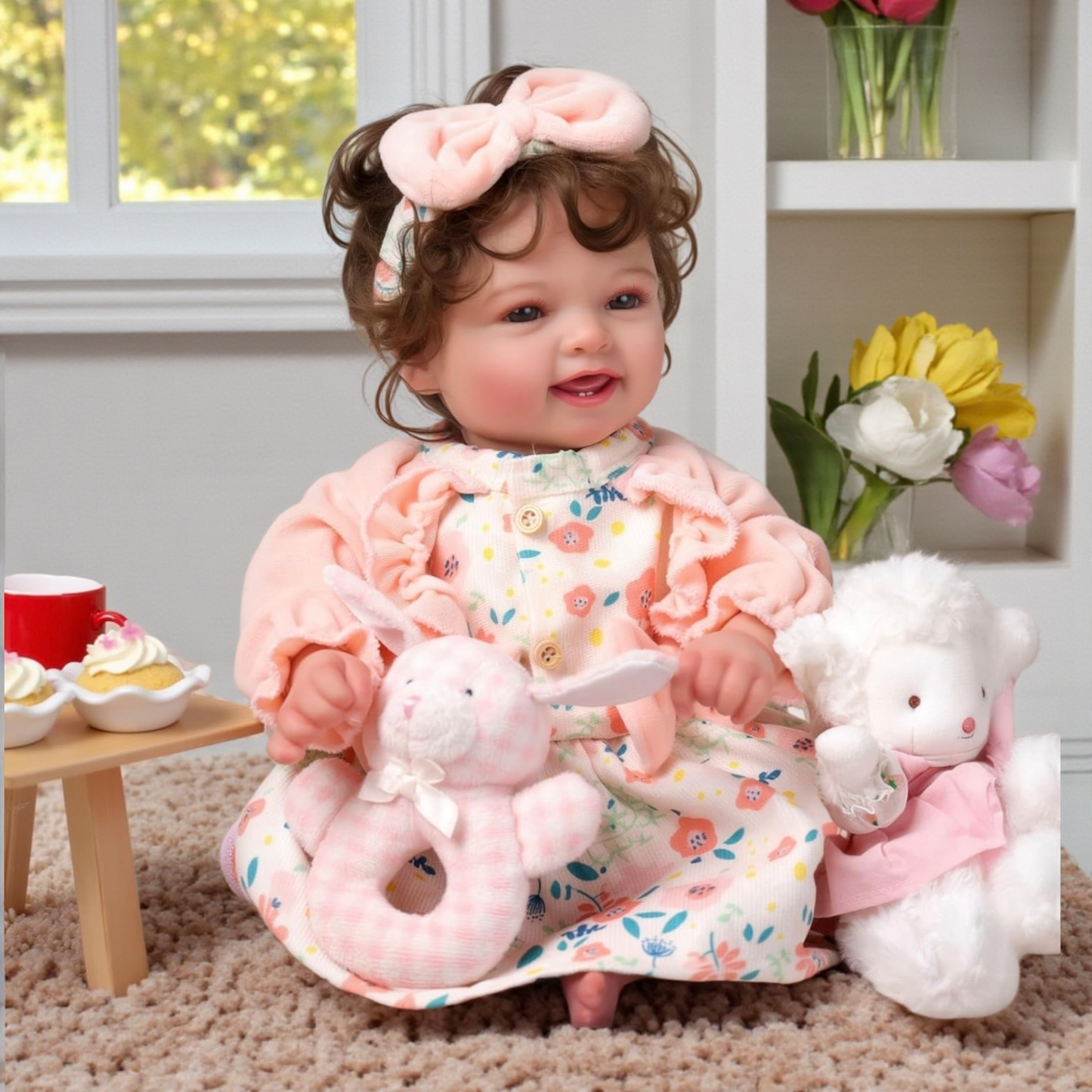 Muñeca bebé realista 43 cm | Cuerpo de tela y extremidades de vinilo | Incluye accesorios