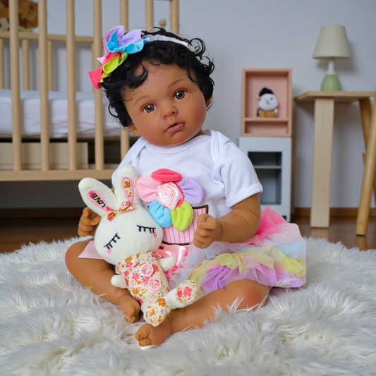 Muñeca Bebé Reborn Realista de 50 cm | Piel Morena Cabello Rizado Hecho a Mano