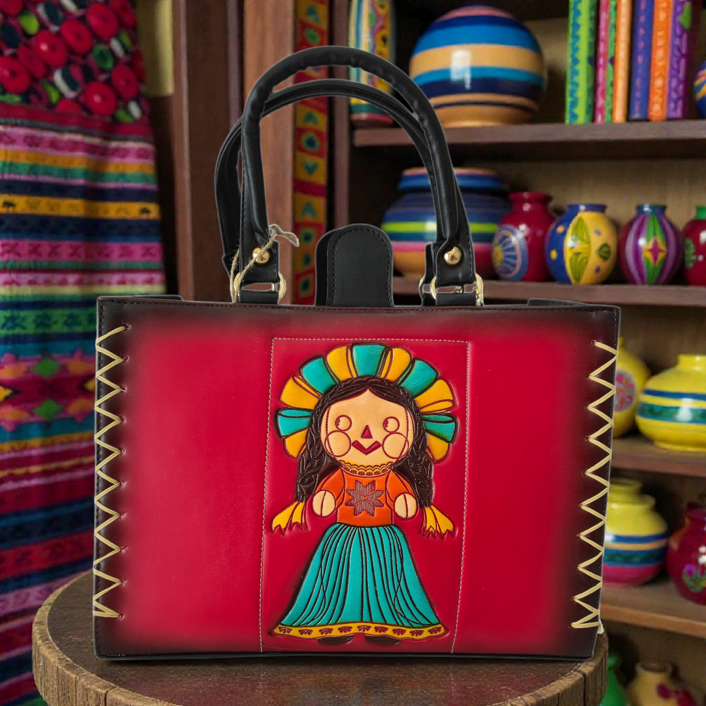 Bolsa Artesanal con Muñeca Lele Tradicional Grabada – Hecha a Mano, Estilo Colorido Mexicano
