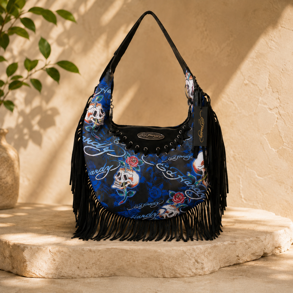 Bolsa Hobo Ed Hardy Original con Calaveras, Flores y Flecos
