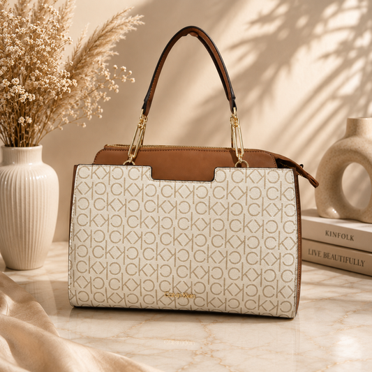 Bolsa Calvin Klein Tote CK Crema Café Monograma