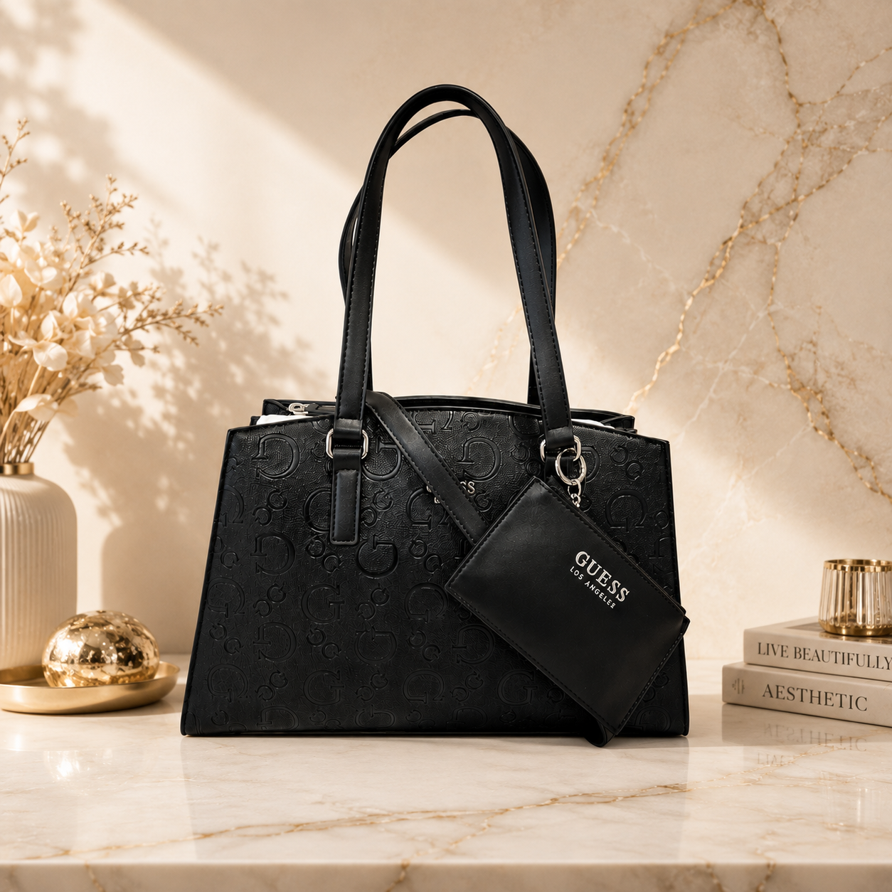 Bolsa Tote Guess para Mujer Negra con Monograma en Relieve