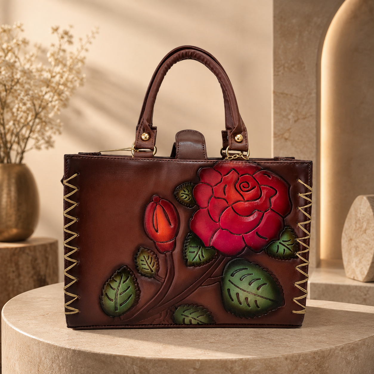 Bolsa Tote Artesanal para Mujer con Rosa en Relieve | Bolsa Organizadora