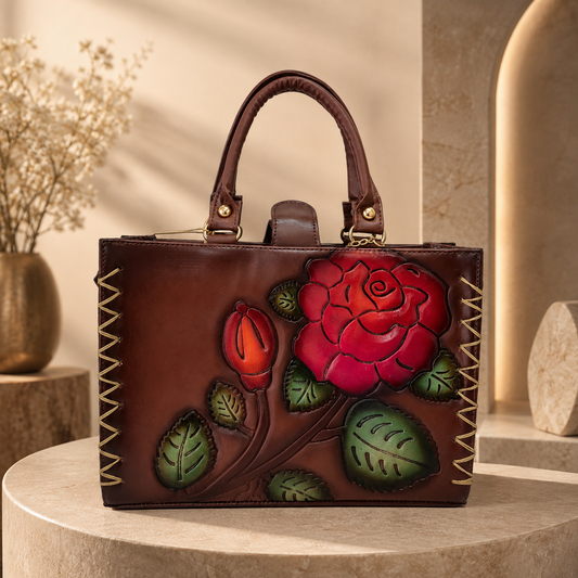 Bolsa Tote Artesanal para Mujer con Rosa en Relieve | Bolsa Organizadora
