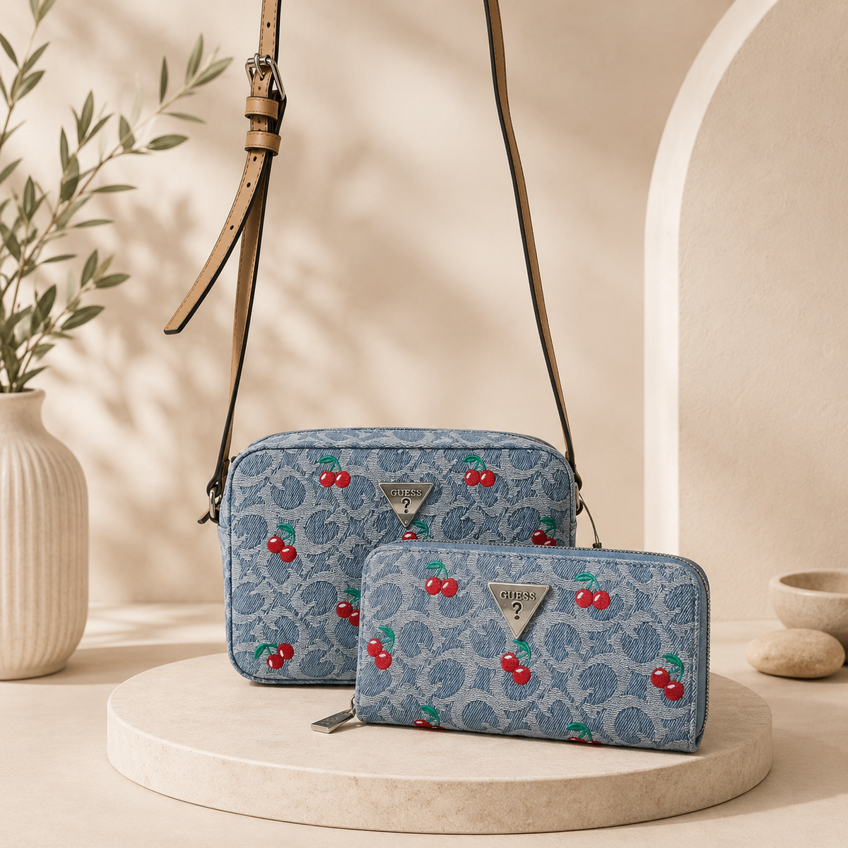 Bolsa Crossbody Guess Denim con Cartera y Diseño de Cerezas