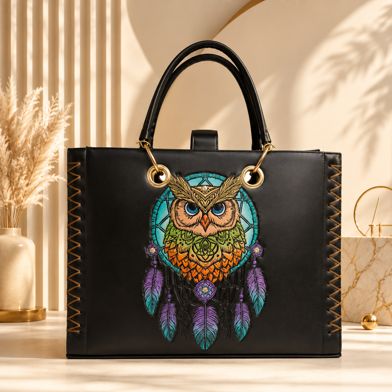 Handmade Bag Engraved with Sunflowers and Butterfly – Colorful and Detailed Design