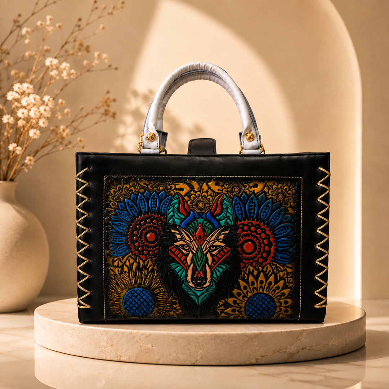 Black handbag with embossed design includes cosmetic bag