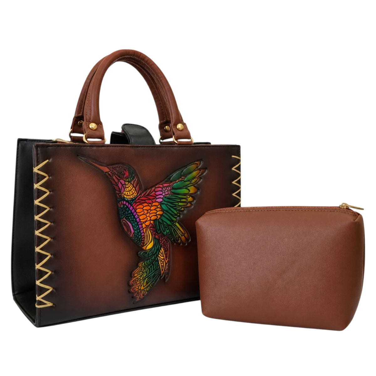 Bolsa Tote Artesanal para Mujer con Colibrí en Relieve | Set de 2 Piezas