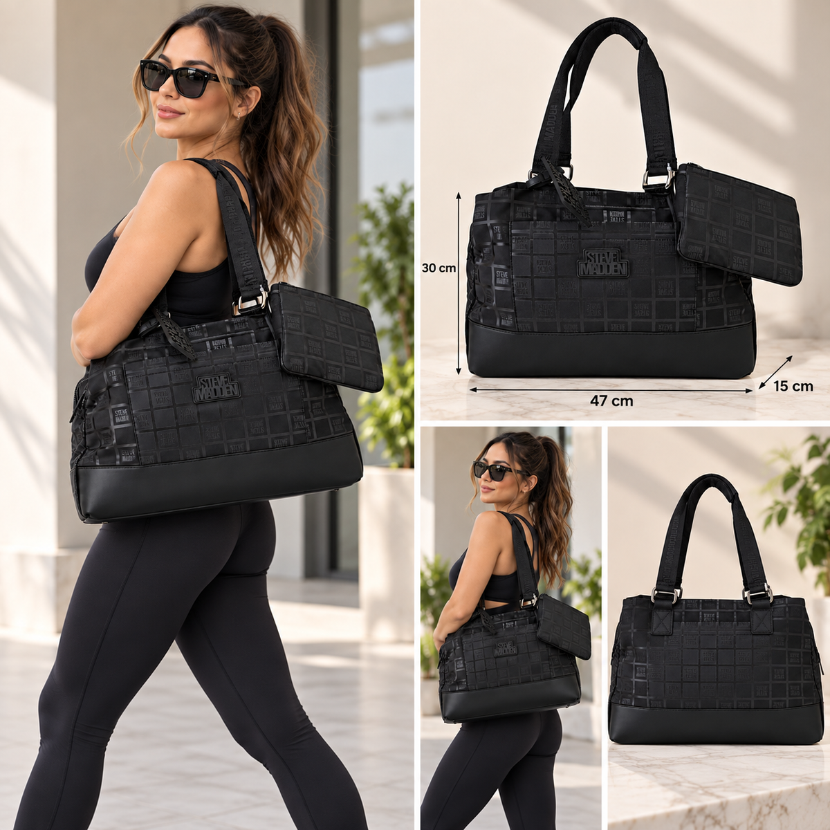 Bolsa Tote Steve Madden Negra con Monograma